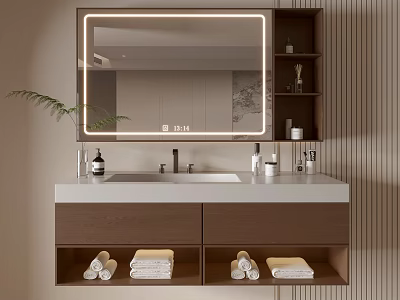 Bathroom Vanity Cabinet With Lighted Mirror Wooden Design Sink Faucet And Towel Storage 3d model
