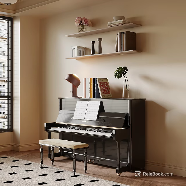 Cozy Piano Room With Black Piano Music Sheets Stool Green Plant And Decorative Shelves 3d model 