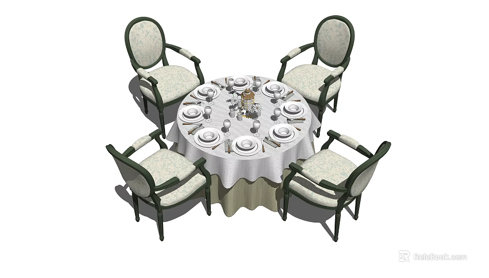 Round Dining Table Set with Four Green Accent Chairs White Tablecloth and Tableware 3d model