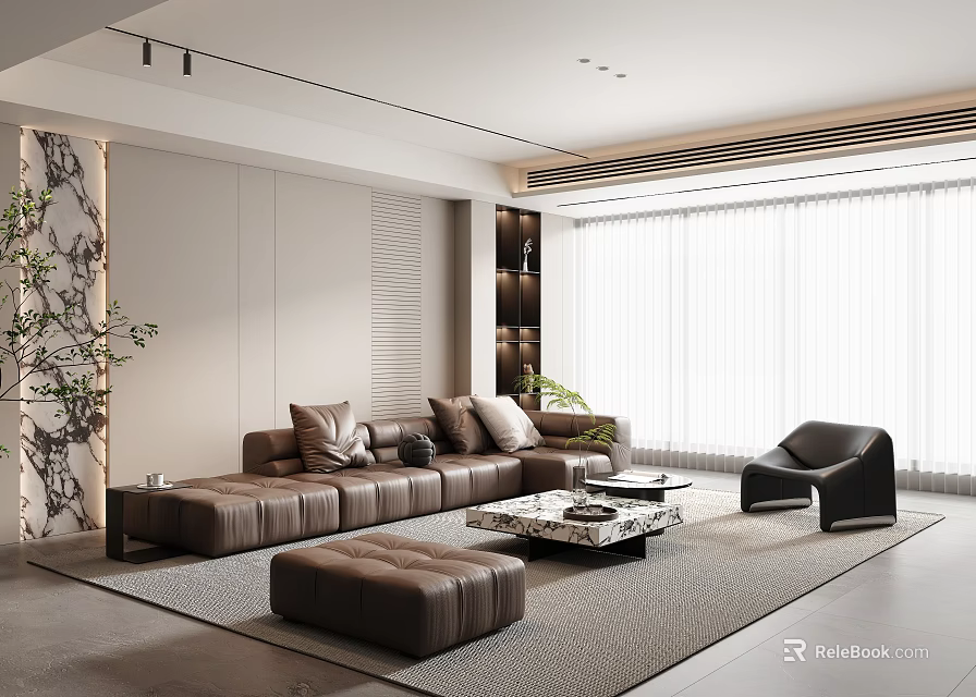 Modern Living Room Interior With Leather Sofa Ottoman Coffee Table And Floor To Ceiling Windows 3d model 