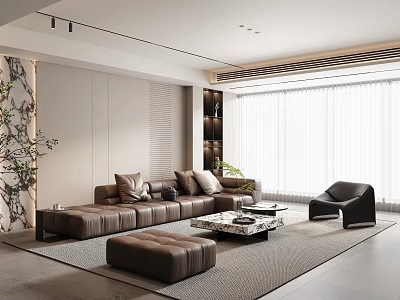 Modern Living Room Interior With Leather Sofa Ottoman Coffee Table And Floor To Ceiling Windows 3d model