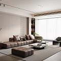 Modern Living Room Interior With Leather Sofa Ottoman Coffee Table And Floor To Ceiling Windows
