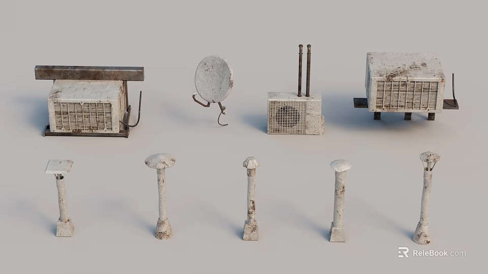 Rustic Vintage Metal Objects Including Old Satellite Dish And Decorative Pillars 3d model 