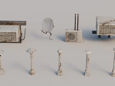 Rustic Vintage Metal Objects Including Old Satellite Dish And Decorative Pillars 3d model