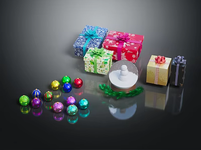 Festive Wooden Table With Colorful Gift Boxes Decorative Balls And Snow Globe 3d model