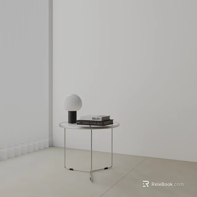Modern Minimalist Side Table With Metal Frame Glass Top And White Lamp On Stacked Books 3d model 