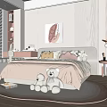 Cozy Kids Room Interior With Soft Bed Teddy Bears Round Carpet Desk And Leaf Painting