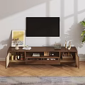 Modern Wooden TV Stand With Walnut Finish White Doors And Decorative Items