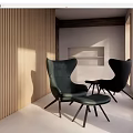 Dark Green And Black Accent Chairs With Ottoman By Wooden Slat Wall In Modern Natural Light Room