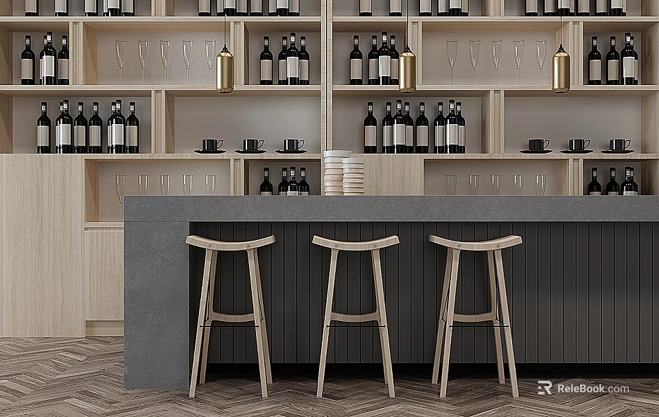 Modern Gray Bar Counter with Wine Rack Glassware and Wooden Bar Stools 3d model 