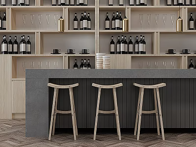 Modern Gray Bar Counter with Wine Rack Glassware and Wooden Bar Stools 3d model