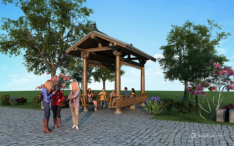 Ancient Architectural Pavilion Surrounded by Trees Stone Pavement People and Colorful Flowers 3d model 