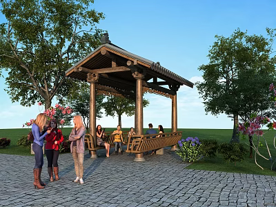 Ancient Architectural Pavilion Surrounded by Trees Stone Pavement People and Colorful Flowers 3d model
