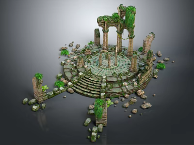 Ruined Ancient Architectural Structure With Circular Platform Stone Columns Steps And Green Plants 3d model