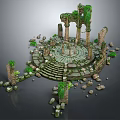 Ruined Ancient Architectural Structure With Circular Platform Stone Columns Steps And Green Plants 3d model