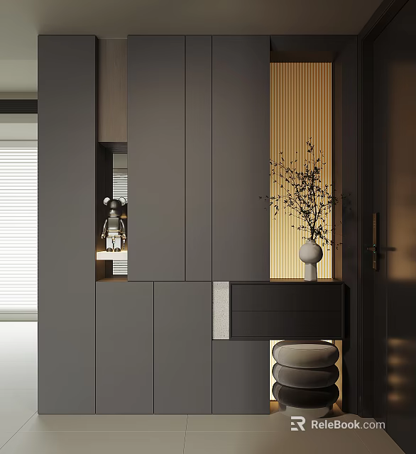 Modern Dark Gray Shoe Cabinet With Sleek Design In Entryway Area And Vase 3d model 