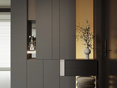 Modern Dark Gray Shoe Cabinet With Sleek Design In Entryway Area And Vase 3d model