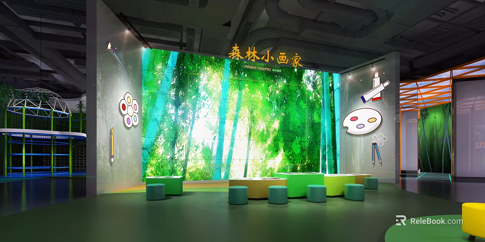 Forest Little Painter Art Space with Green Forest Background Small Stools and Children Painting Elements 3d model 