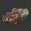 Military Wheeled Vehicle With Roof Mounted Machine Gun And Military Gear