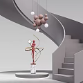 Spiral Staircase With Hanging Brown White Spherical Pendant Lights Red Sculpture On Marble Base Platform
