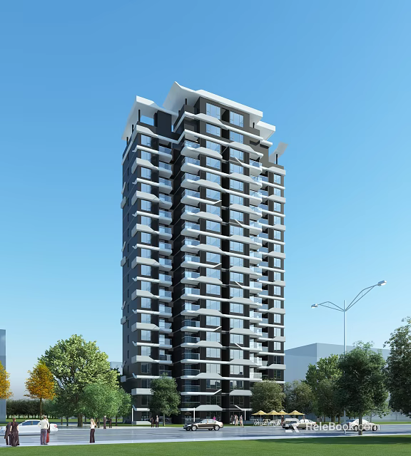 Modern High Rise Residential Building With Glass Facade And Green Surroundings 3d model 