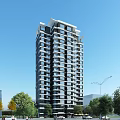 Modern High Rise Residential Building With Glass Facade And Green Surroundings