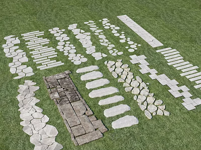 Various Stone Path Designs With Different Shapes And Arrangement On Green Grass 3d model