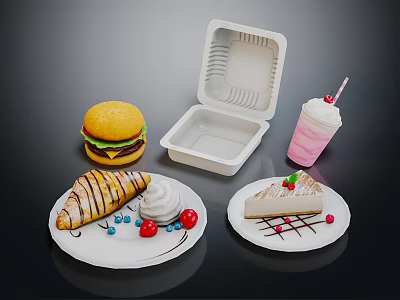 Assorted Food Including Burger Croissant Cake Pink Milkshake Open Takeout Container And Plates With Berries 3d model