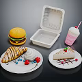 Assorted Food Including Burger Croissant Cake Pink Milkshake Open Takeout Container And Plates With Berries