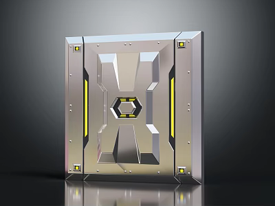 Futuristic Metallic Panel Design With Hexagonal Center Yellow Accents And Reflective Surface 3d model