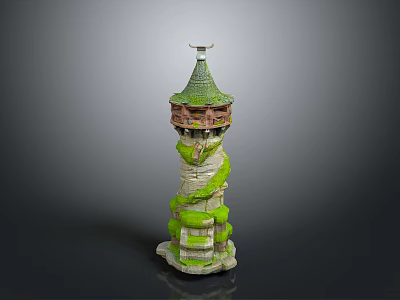 Medieval Stone Tower Structure With Green Conical Roof Ivy Vines And Balcony 3d model