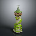 Medieval Stone Tower Structure With Green Conical Roof Ivy Vines And Balcony