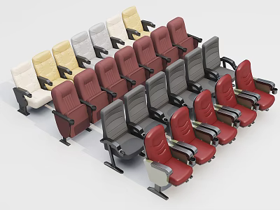 Various Colored Theater Seats Arranged In Rows With Armrests And Multiple Hues 3d model
