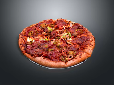 Tasty Pepperoni Pizza Topped With Bell Peppers Onions Olives And Crispy Crust On Clear Plate 3d model