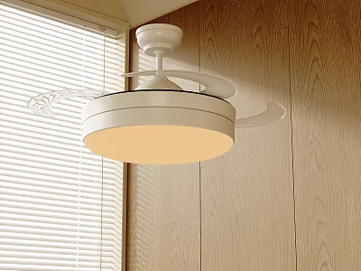 Modern White Round Chandelier with Wooden Wall and Window Blinds Emiting Warm Light in Room 3d model