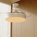 Modern White Round Chandelier with Wooden Wall and Window Blinds Emiting Warm Light in Room