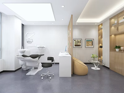 Modern Dental Clinic Interior With White Walls Wooden Cabinets And Treatment Chair 3d model
