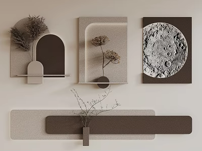 Modern Wall Decor With Geometric Panels Dried Flowers And Moon Pattern On Beige Background 3d model