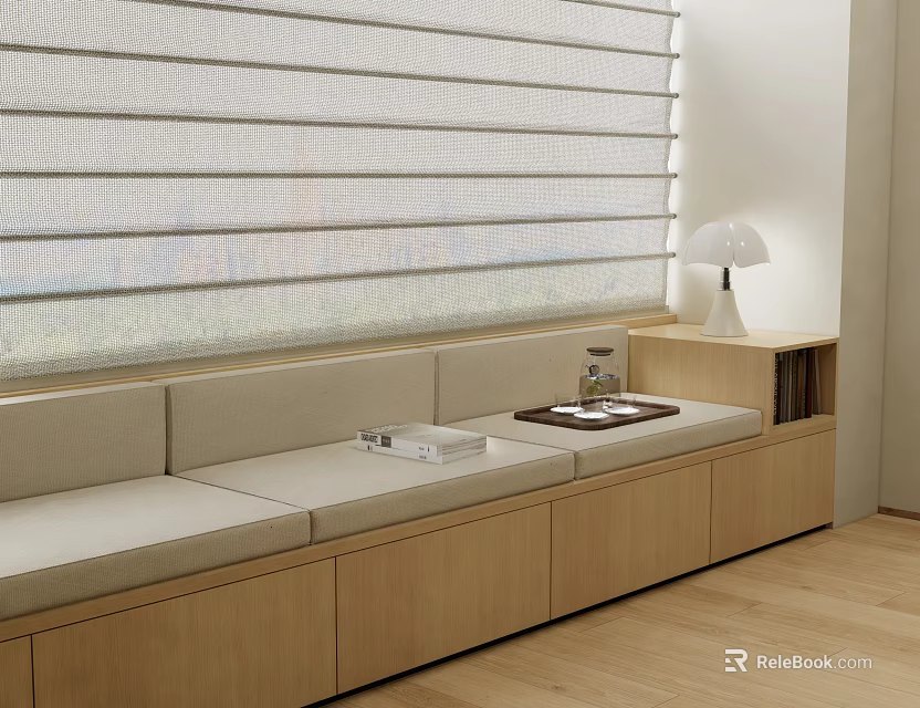 Cozy Wooden Bench Seating Area With Roller Blinds Table Lamp And Cushions 3d model 