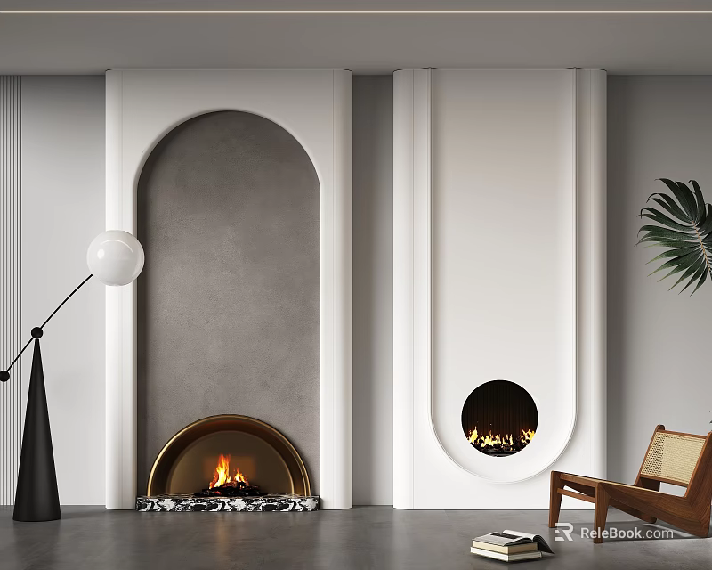 Modern Living Room With Arched Circular Fireplaces And Minimalist Decor 3d model 