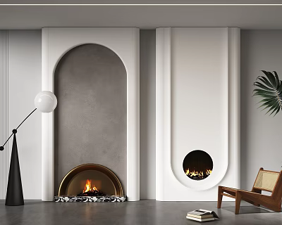 Modern Living Room With Arched Circular Fireplaces And Minimalist Decor 3d model