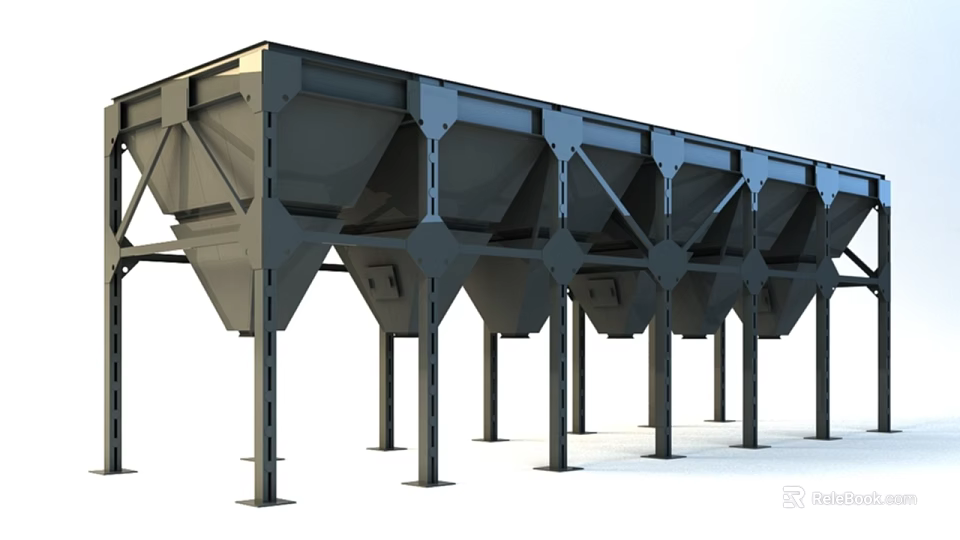 Heavy Duty Industrial Equipment Featuring Metal Frame Multiple Hopper Bins And Support Columns 3d model 