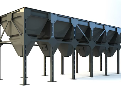 Heavy Duty Industrial Equipment Featuring Metal Frame Multiple Hopper Bins And Support Columns 3d model