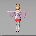 Anime Style 3D Character Girl With Fox Ears In Pink Kimono Top And Red Skirt