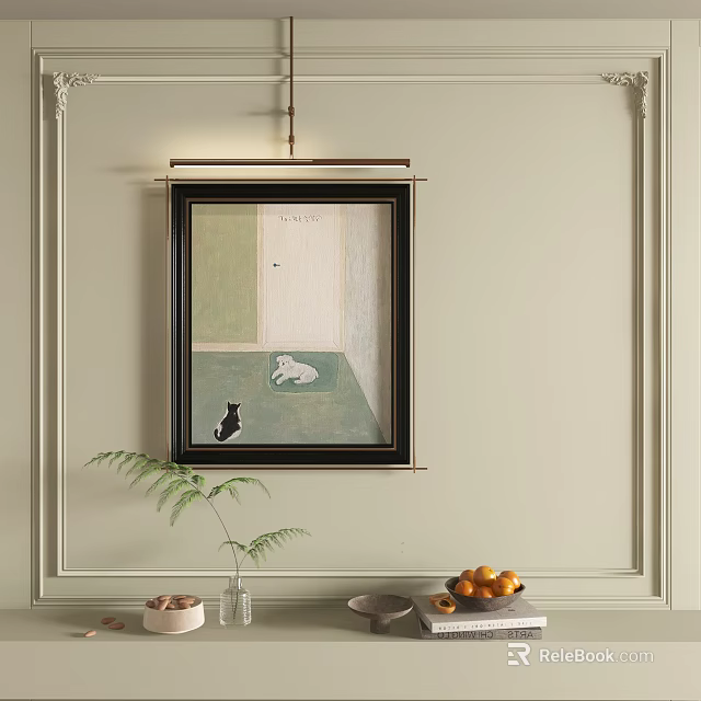 Abstract Painting With Two Cats On Green Background Hanging On Wall With Greenery And Fruits 3d model 