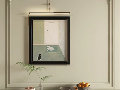 Abstract Painting With Two Cats On Green Background Hanging On Wall With Greenery And Fruits 3d model