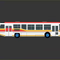 Modern Bus with Red Roof White Body Yellow Blue Stripes Blue Wheels and Reflective Surface