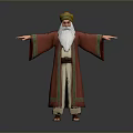 Man In Red Robe With White Beard Yellow Hat Arms Outstretched Against Grey Background