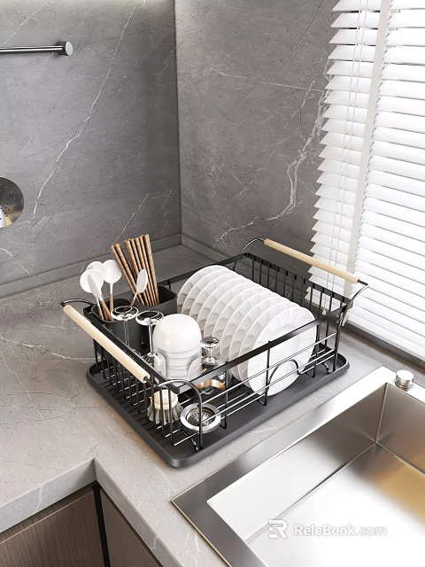 Modern Kitchen Dish Drying Rack With Plates Cups And Chopsticks On Marble Countertop 3d model 