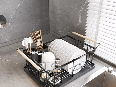 Modern Kitchen Dish Drying Rack With Plates Cups And Chopsticks On Marble Countertop 3d model